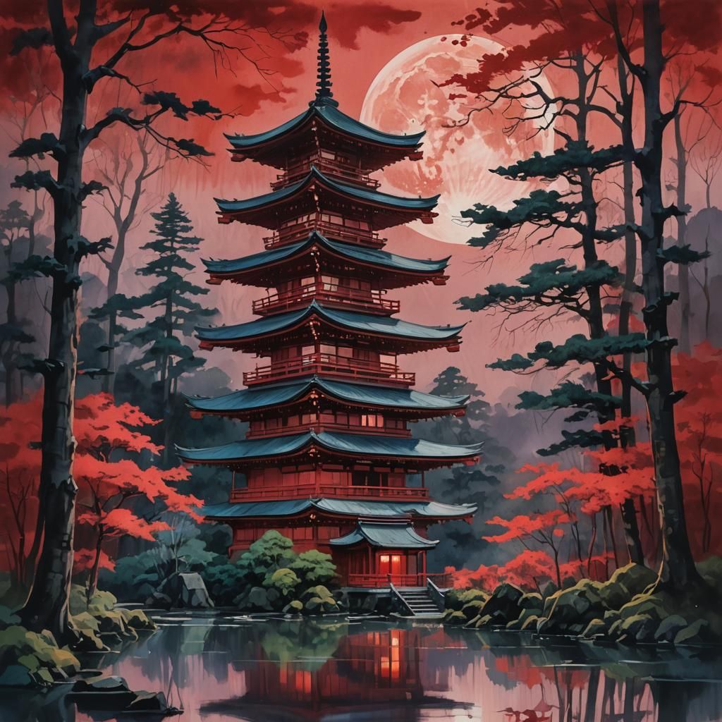 Japanese Pagoda with Moon in Impressionist Gouache Style