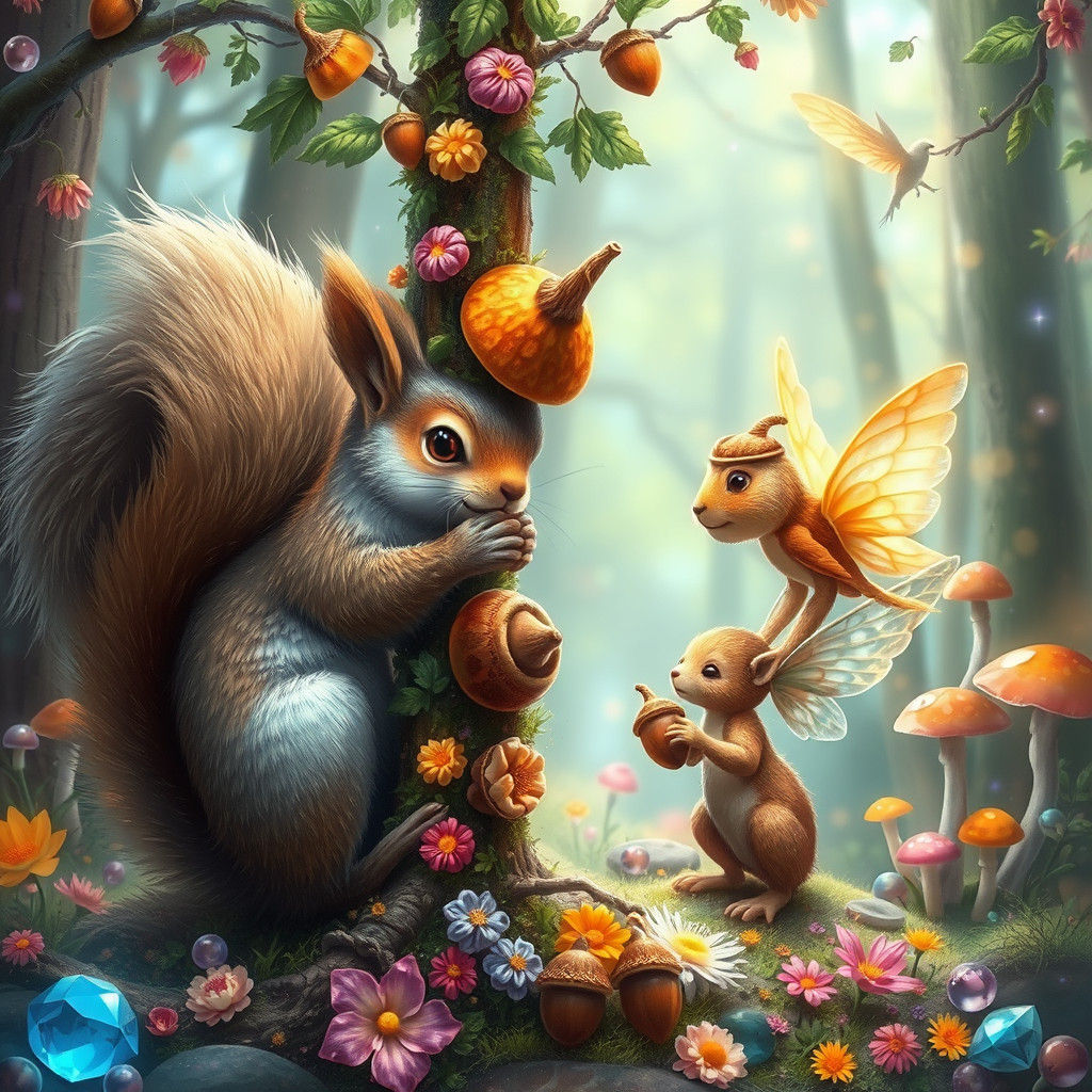 Magical Forest Scene with Squirrel and Dancing Fairies