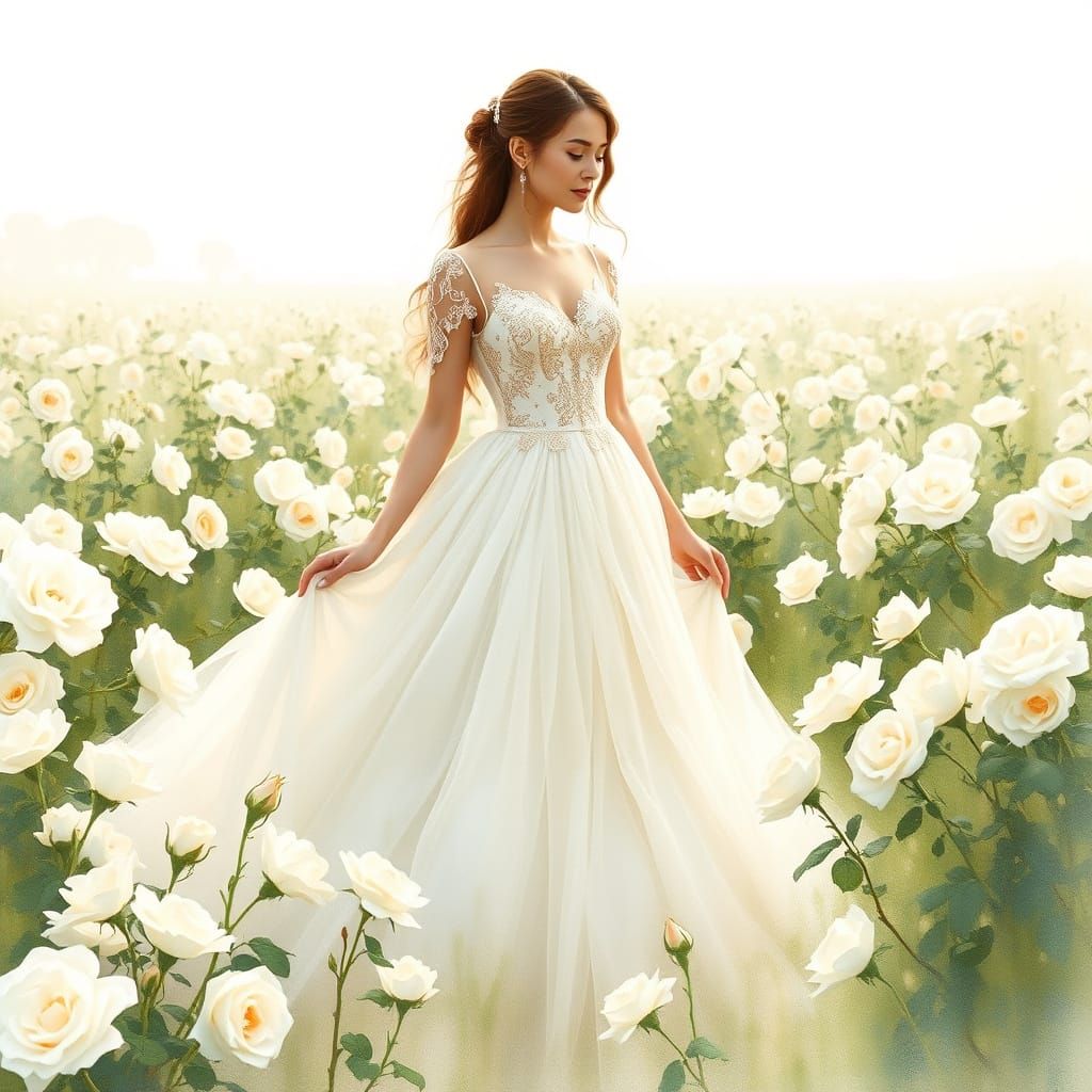 Woman in White Roses: Dreamy Watercolor Art