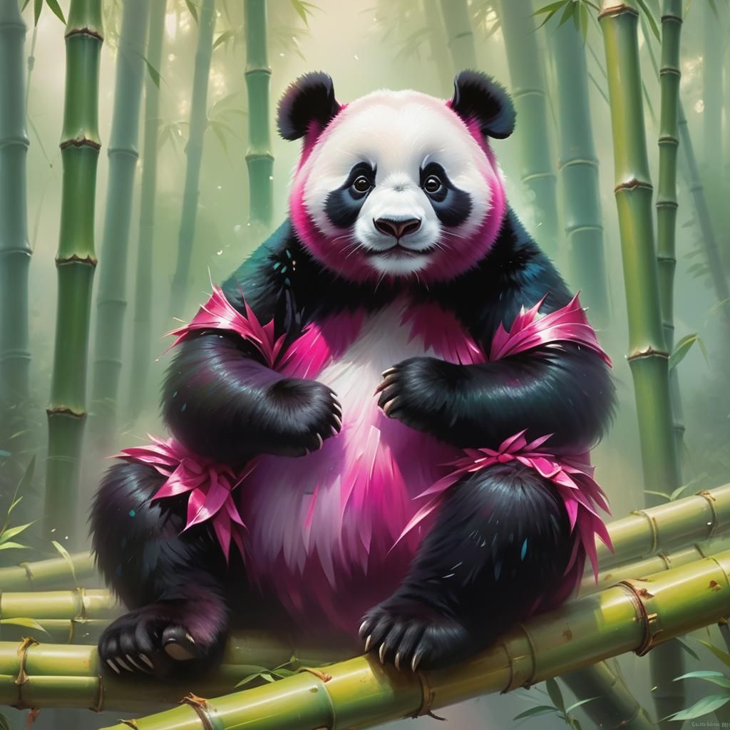 Vibrant Fuchsia Panda in Ethereal Bamboo Forest