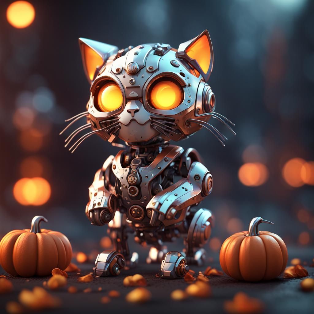 Futuristic Halloween Cat with Intricate Mech Details