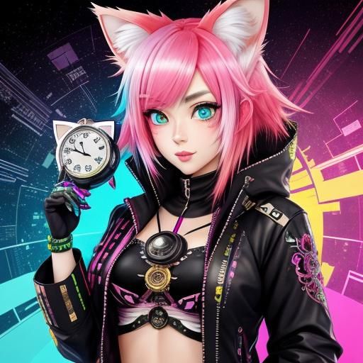 Anime Clockpunk Girl with Cat Ears and Heterochromia