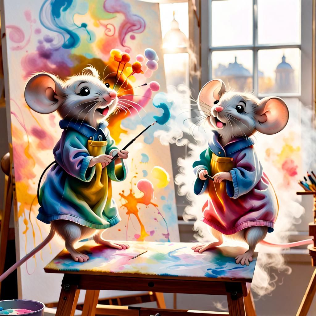 Mice Artists Painting in Pastel Colors
