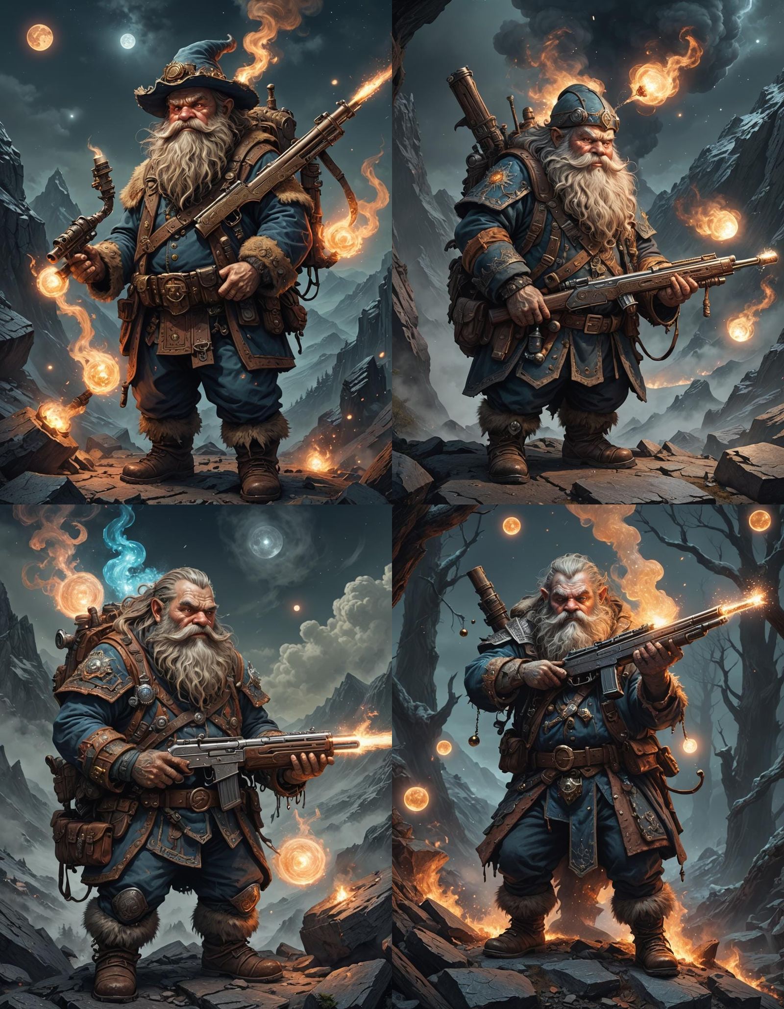 Dwarf Appalachian astral Mountain dweller with a .20 Gauge shotgun,spitting (moonshine fireballs:1.3).
intricately deta...