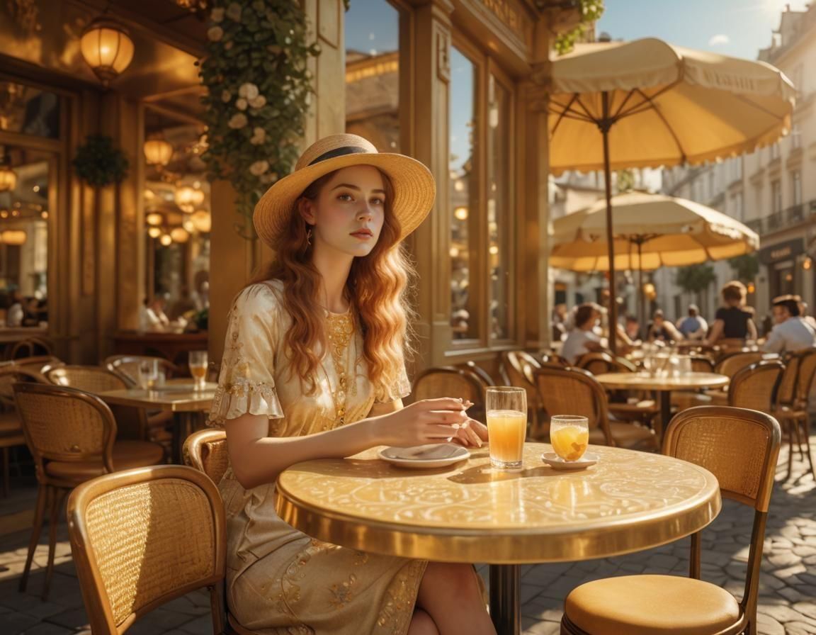 Girl in Sunny Cafe, Art Nouveau Style