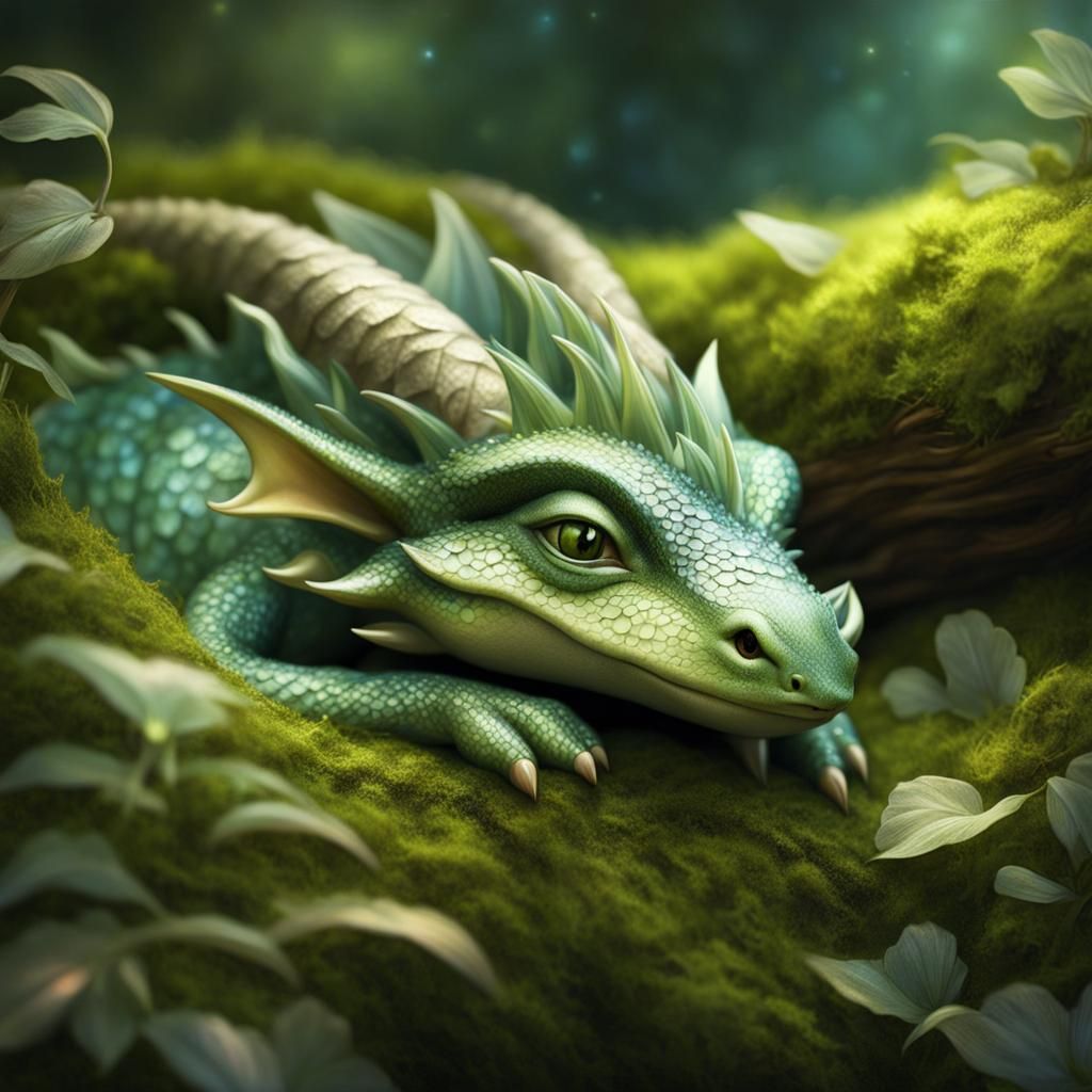 Sleeping Baby Dragon in Ethereal Fantasy Art