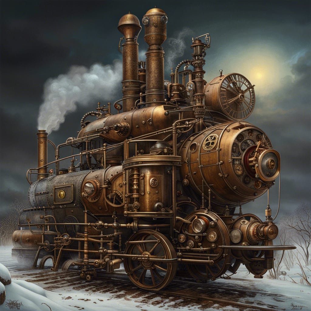 Steampunk Engine in Surreal Outdoor Scene