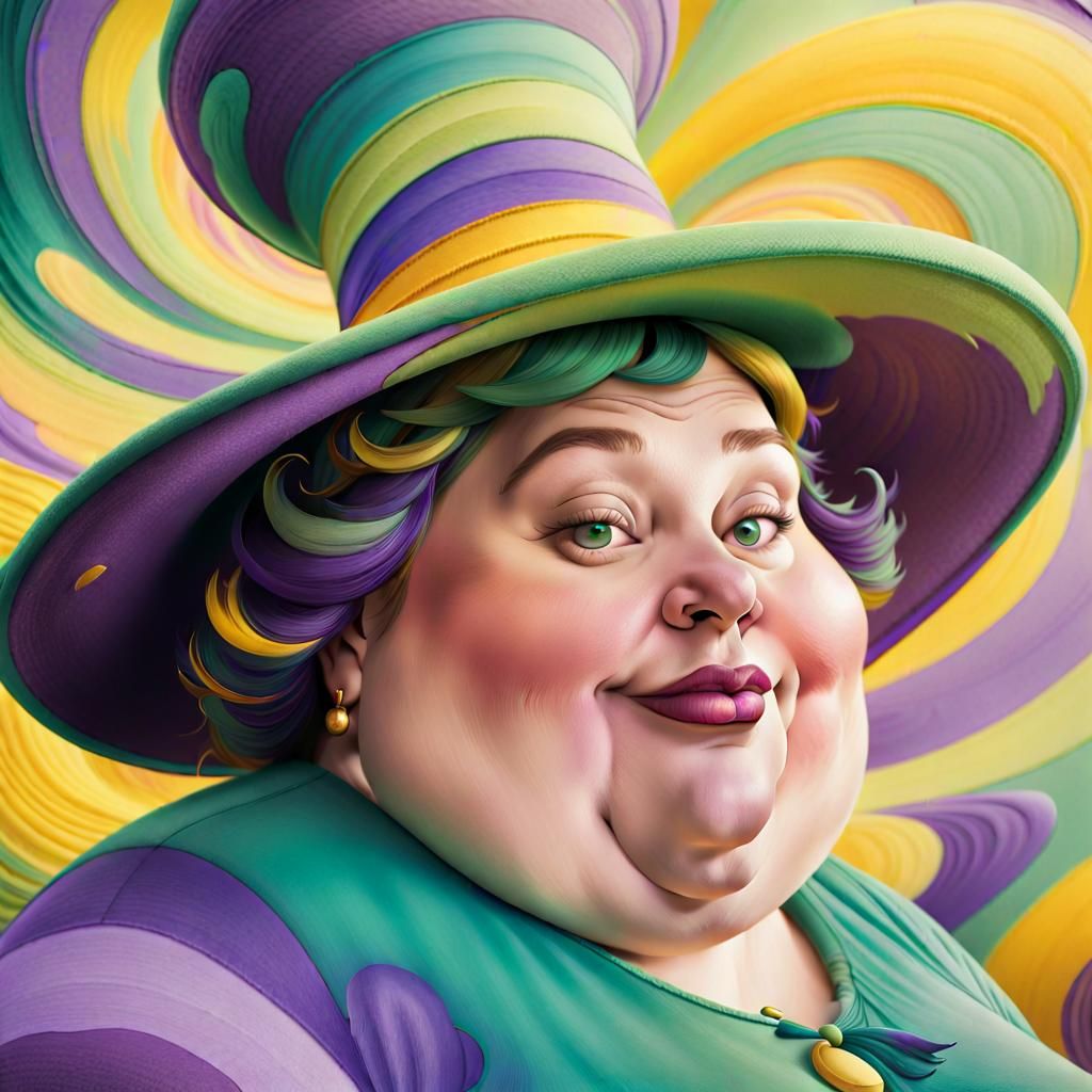 Whimsical Lady with Stacked Hats in Cartoon Style