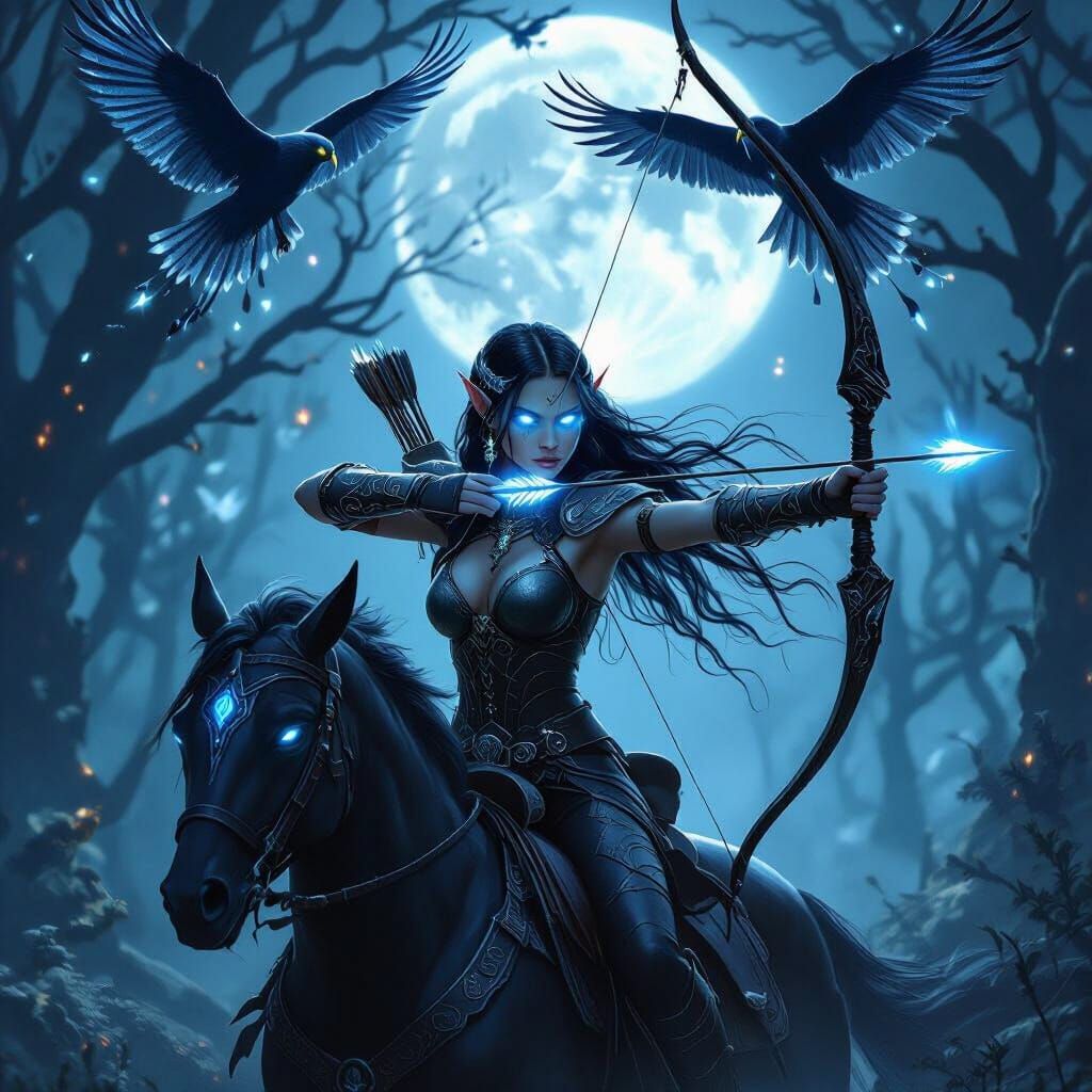 Dark Elf Huntress Riding Saber in Moonlit Forest