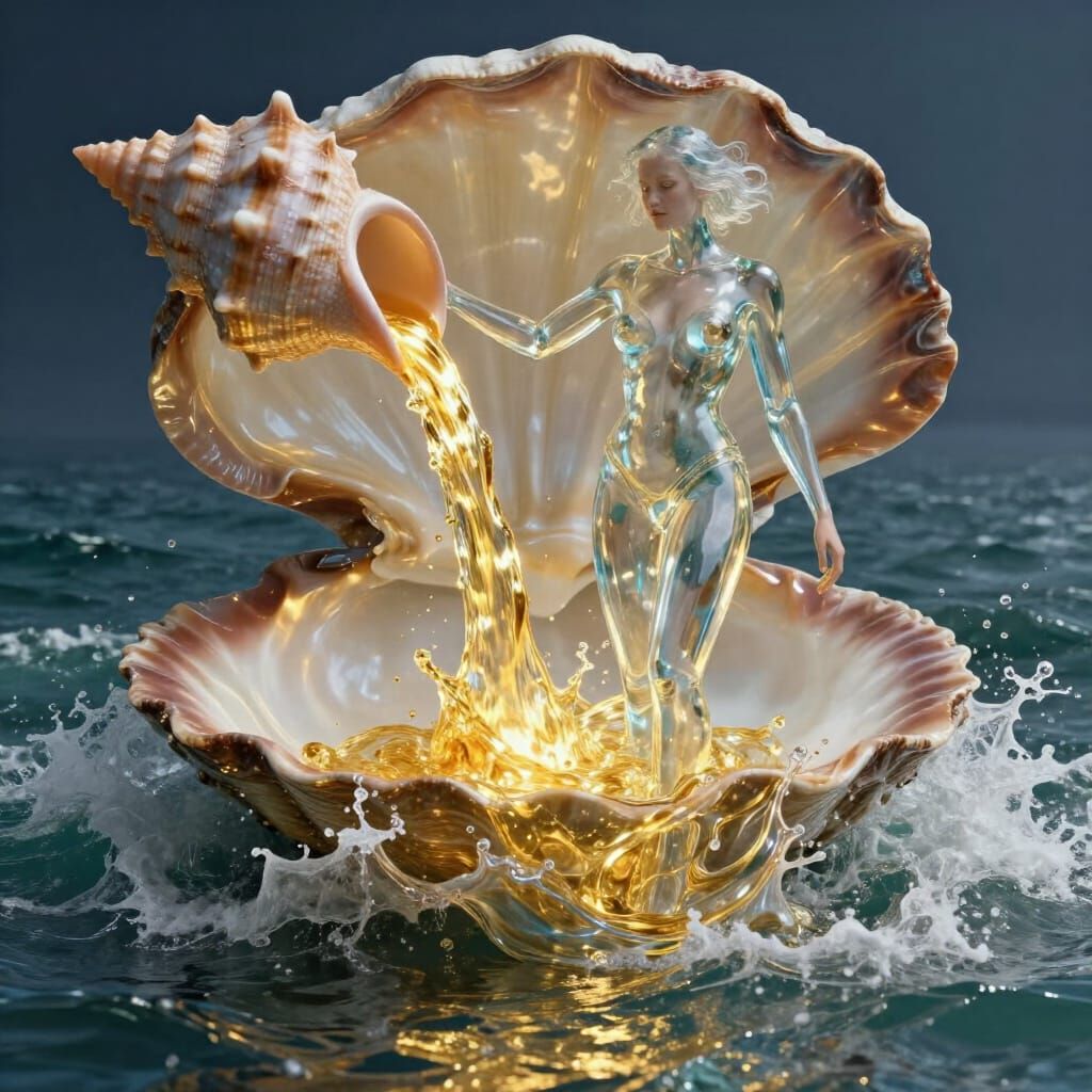 Glass Woman Pours Golden Light into Ocean Surf