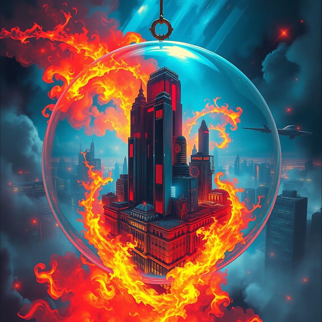 Fiery Futuristic City in Glass Sphere