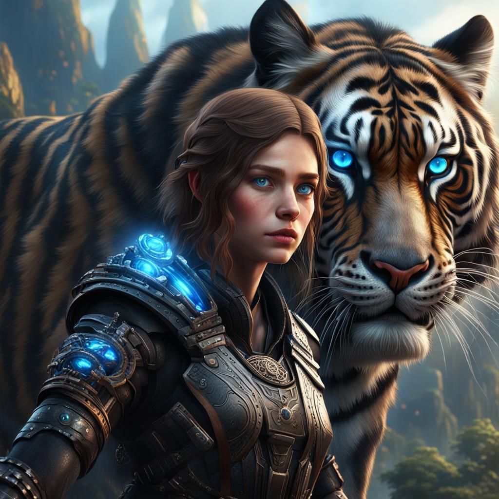 Black Tiger and Blue-Eyed Girl: Fantasy Art