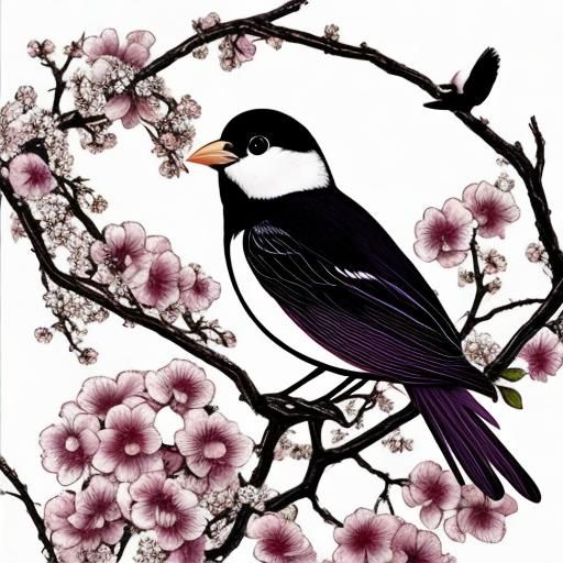 Bird and Plum Illustration in Coloring Page Style