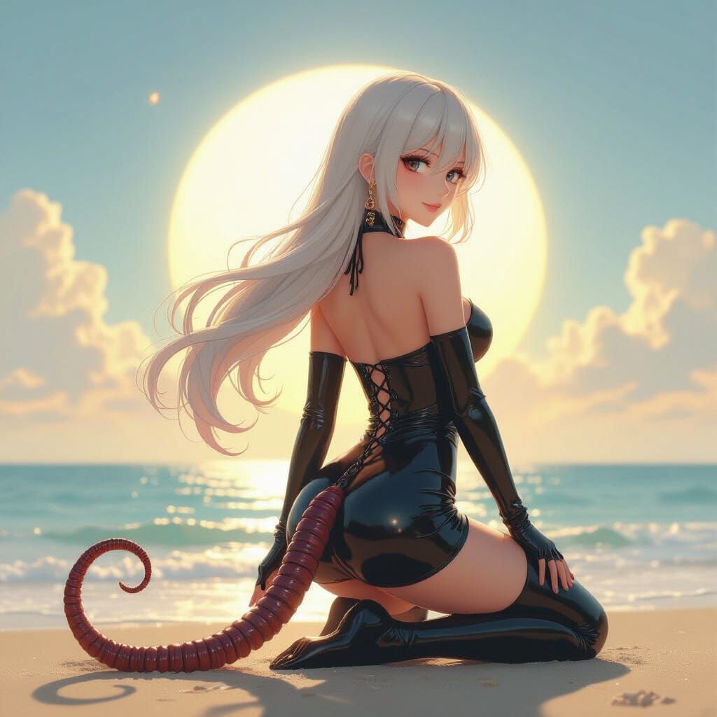 Anime Girl with Earthworm Tail on Seashore in 3D