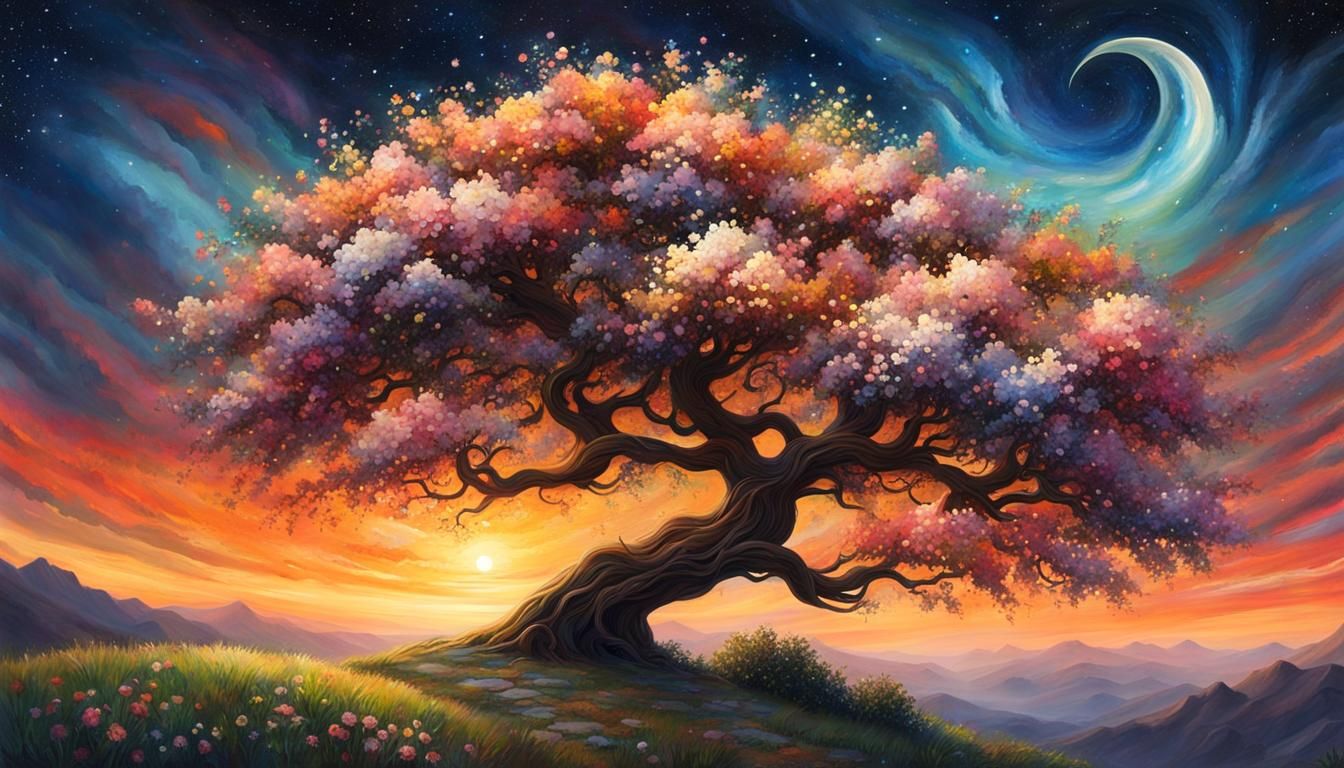 Flower Tree on Hill at Sunset in Watercolor Style
