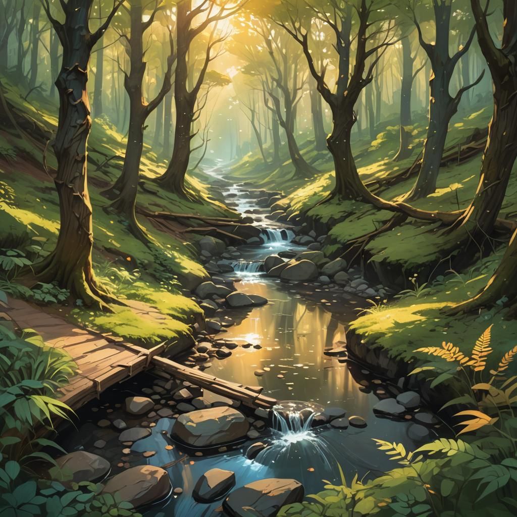 Lush Forest Stream in Anime Style