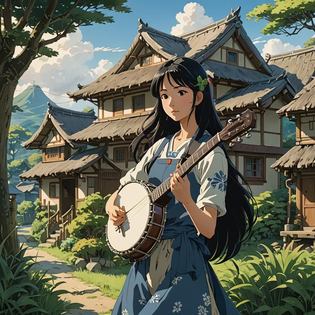 Oriental Lady Playing Banjo in Ghibli Style