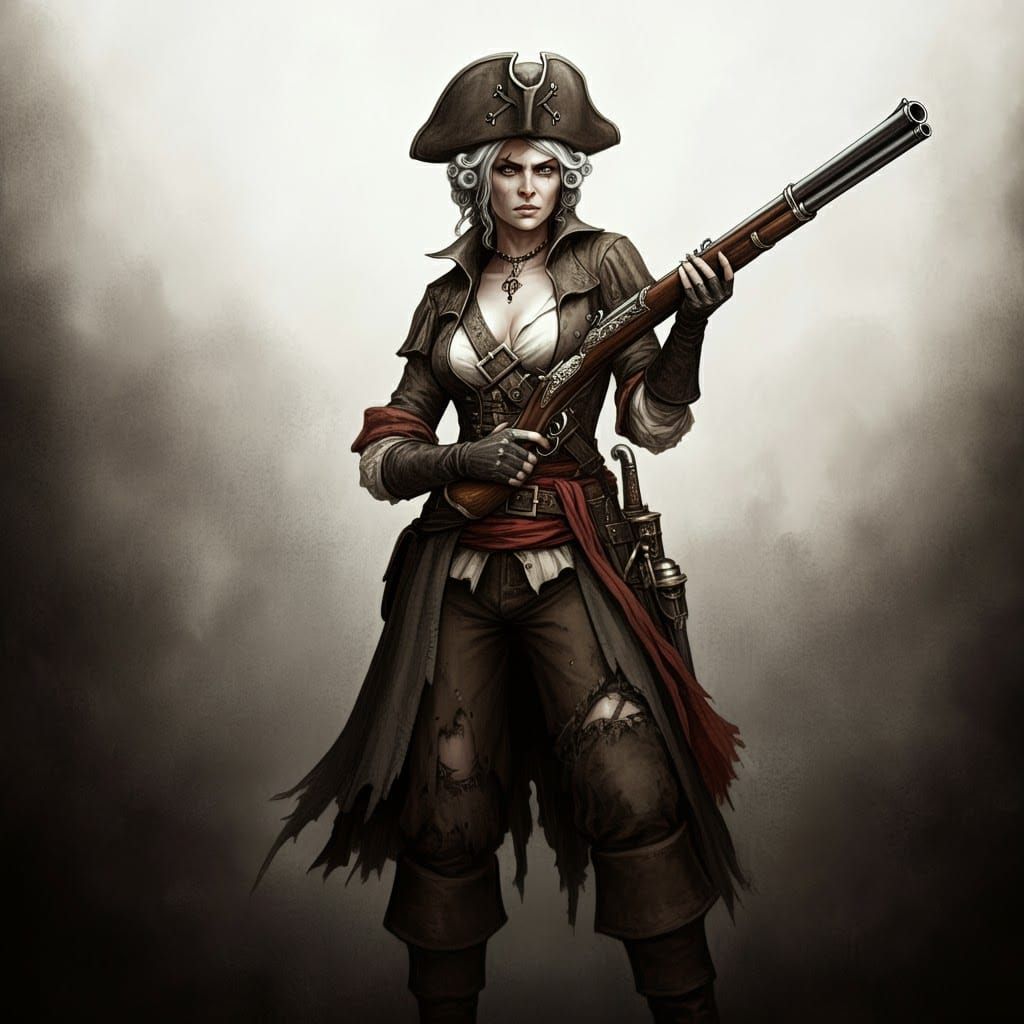 Female Buccaneer with Blunderbuss: Pen and Ink Illustration