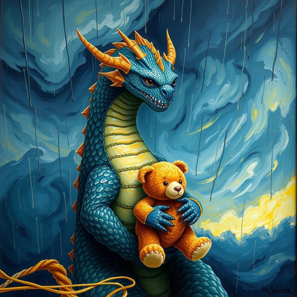 Dragon with Teddy Bear in Post-Impressionist Style