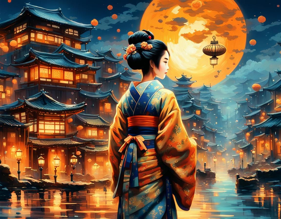 Geisha in Dimly Lit Street: Neo-Impressionist Style