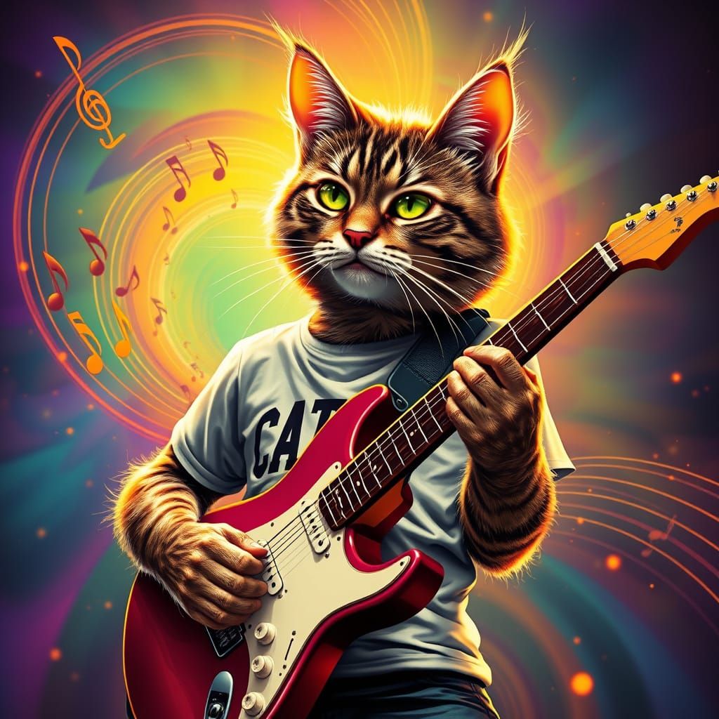 Hyperrealistic Cat in Vibrant Vortex, Playing Guitar in a Ps...
