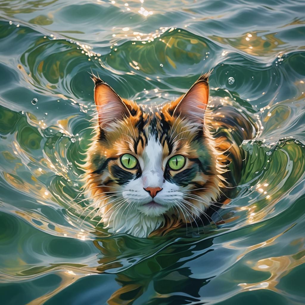 Calico Cat Swimming: Vibrant Oil Painting