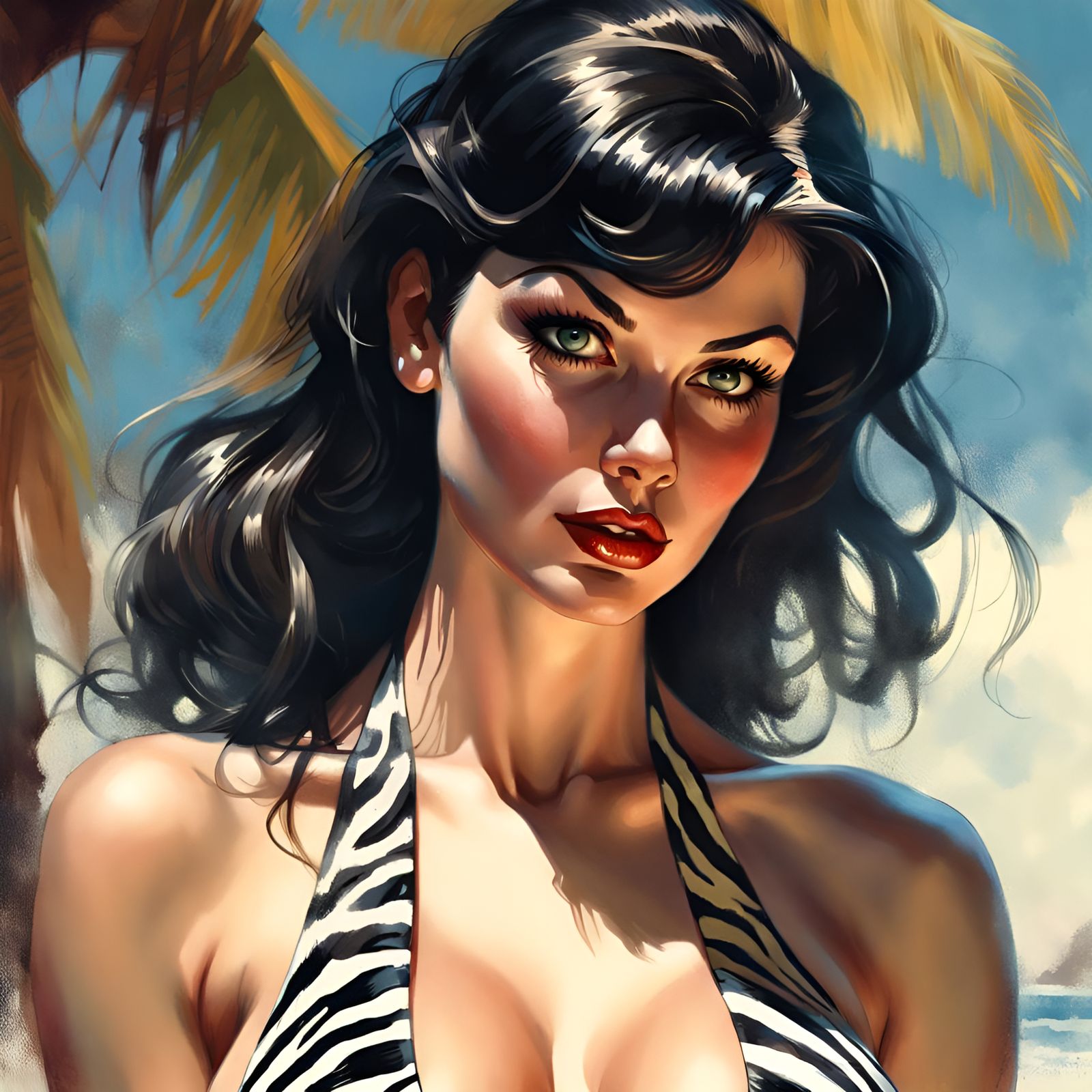 Zebra Bikini Beauty: Pin-Up Style Digital Art