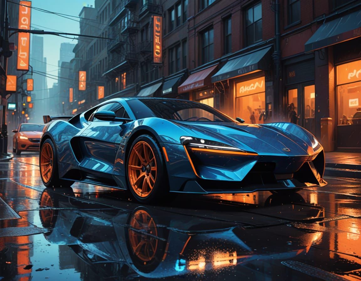 Sleek Sports Car Speeds Down a Wet City Street in Neon-Lit S...