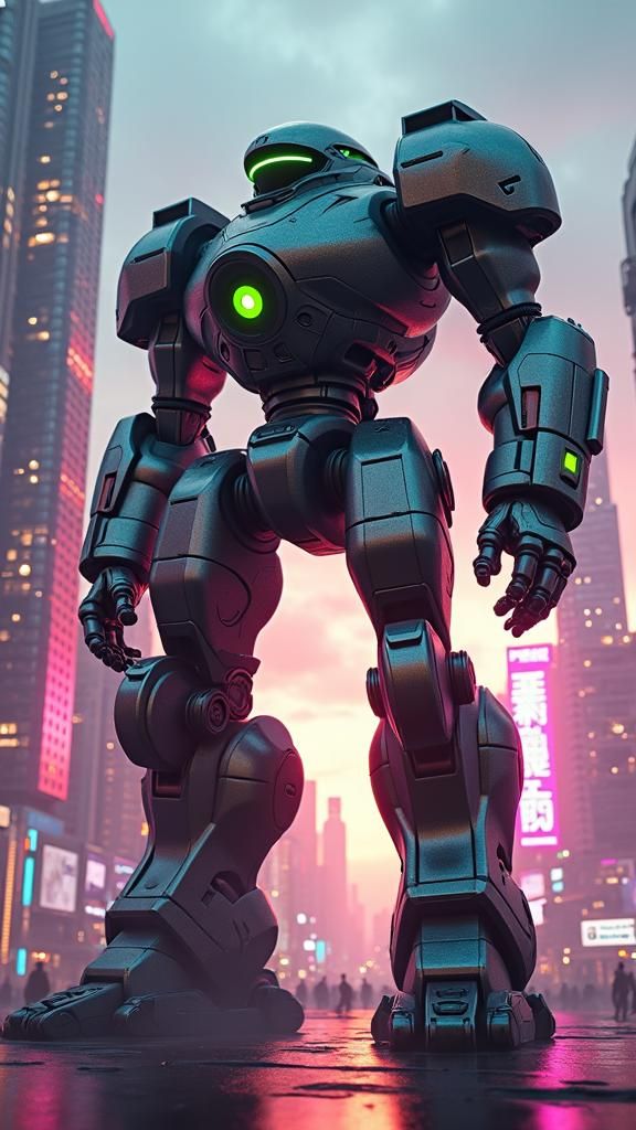 Reggae Mech in Neon Cityscape at Dusk