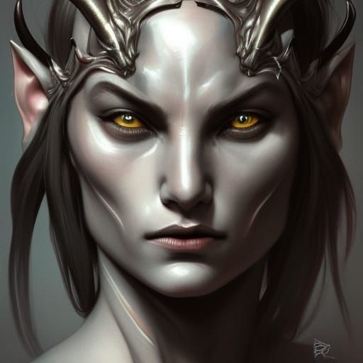 Horned Grey Demon Portrait in Detailed Fantasy Art Style