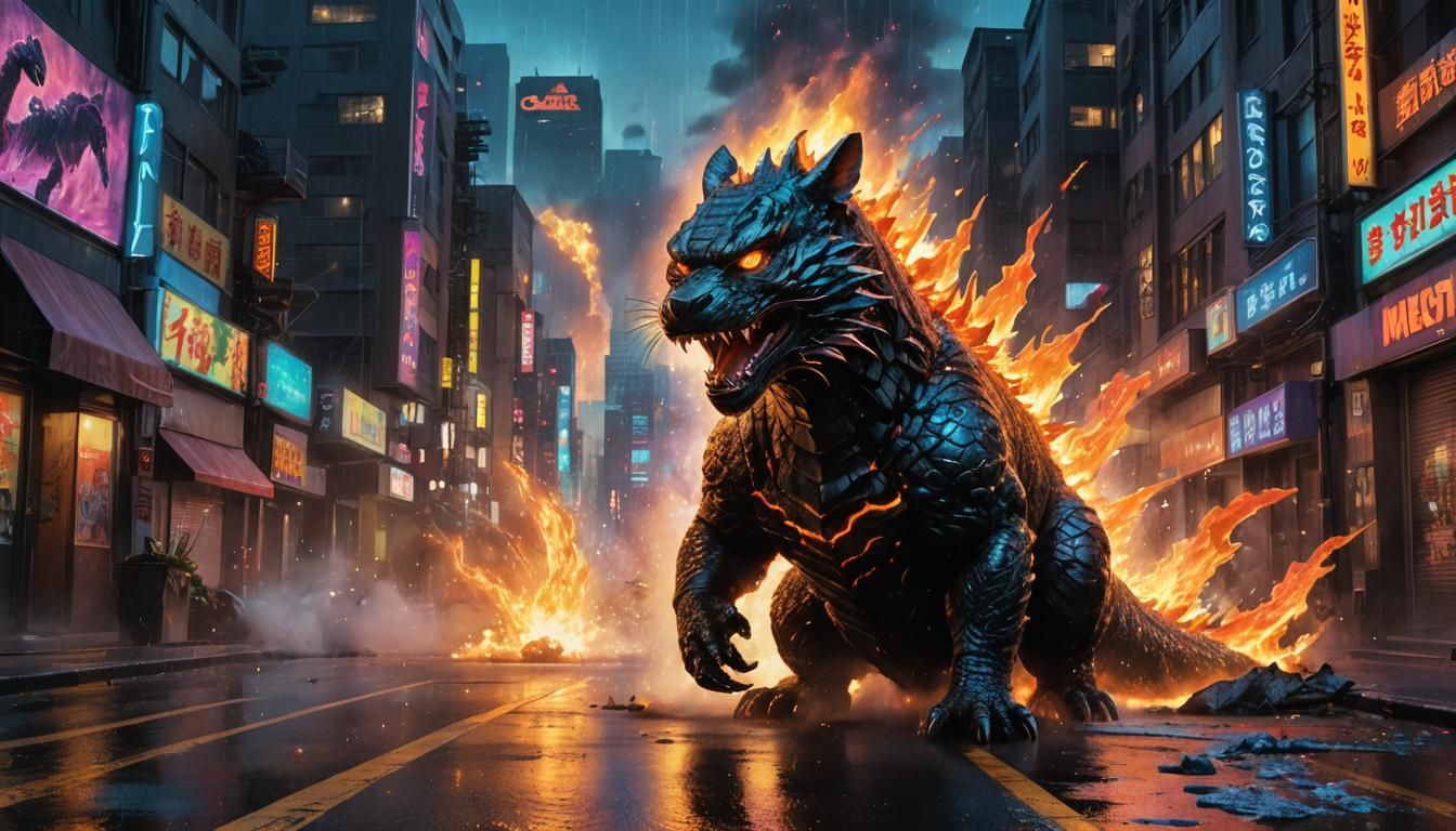 Godzilla Cat Wreaks Havoc in Vibrant Cityscape