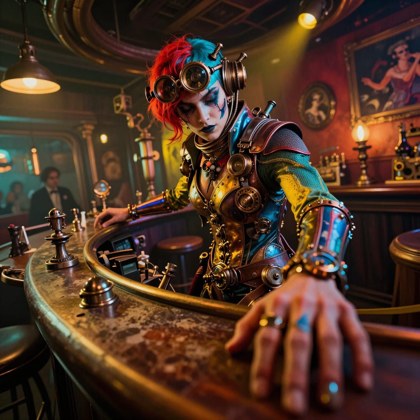 Steampunk Bar Scene with Vibrant Colors and Dynamic View