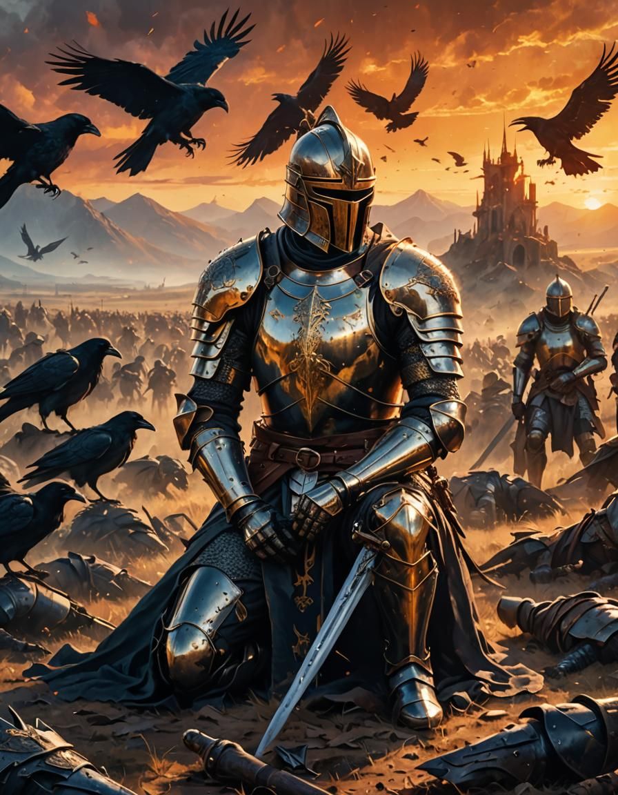 Armored Knight in Prayer on Battlefield at Sunset