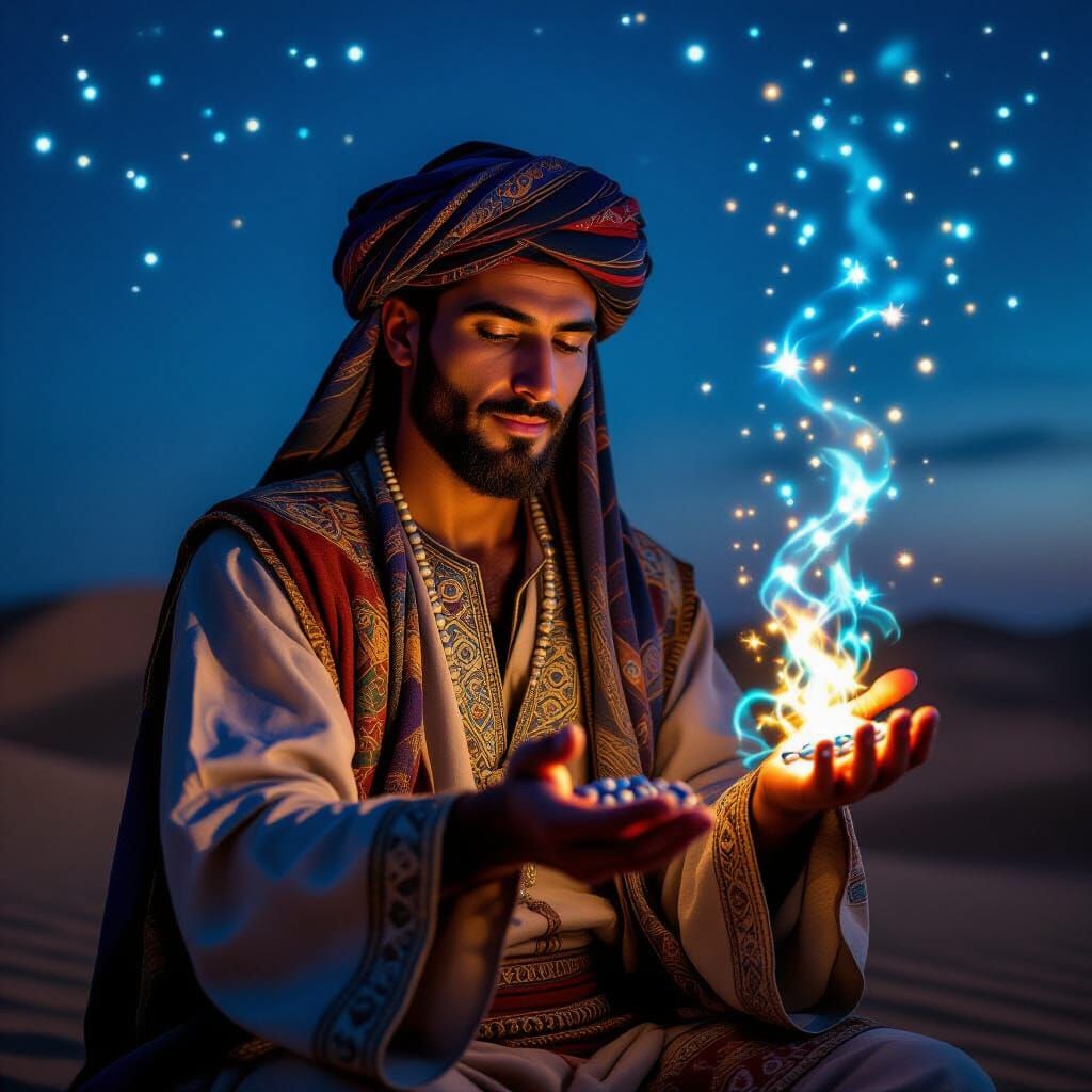 Medieval Moroccan Man Performs Desert Magic Under Starry Nig...