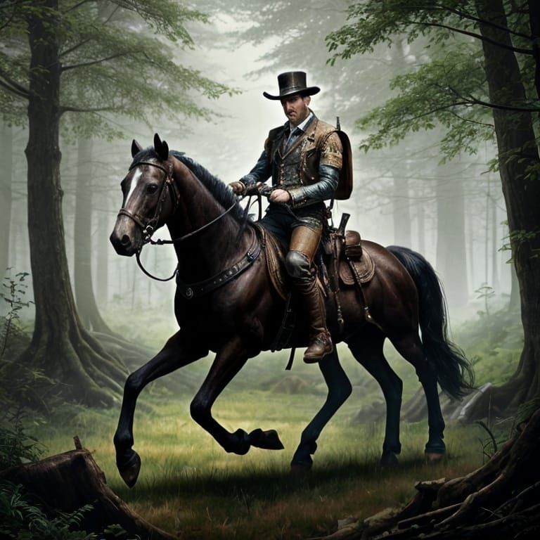 Steampunk Man and Fantasy Horse in Forest