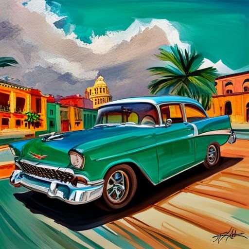 1956 Chevy in Cuba: Gouache Watercolor Style
