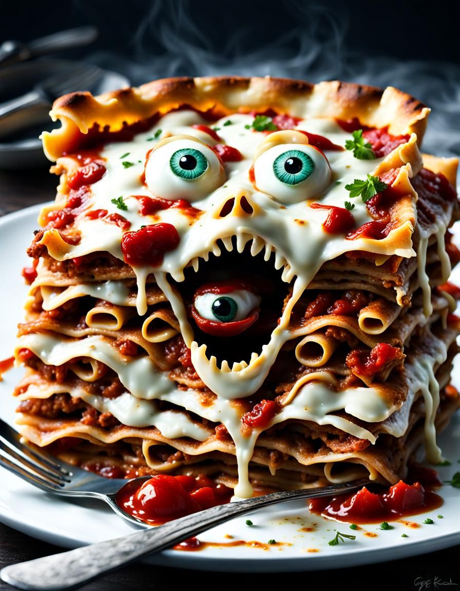 Screaming Lasagna Monster in Horror Art Style