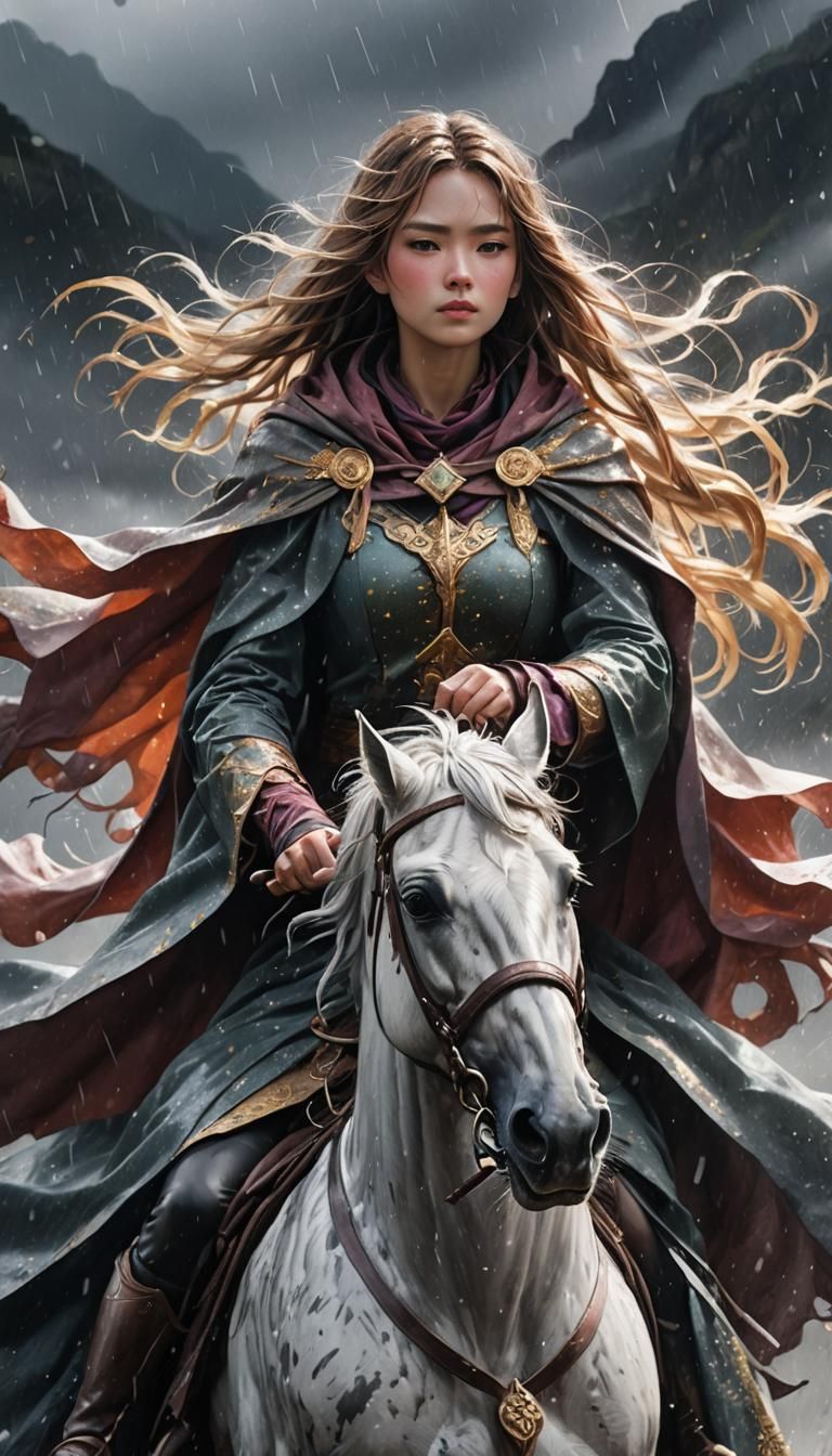 Girl Rides Horse in Storm: 3D Anime Art