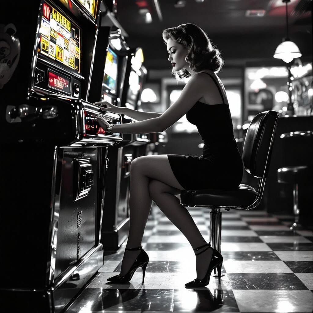 1960s Pin-Up Woman Plays Pinball in Vintage Bar
