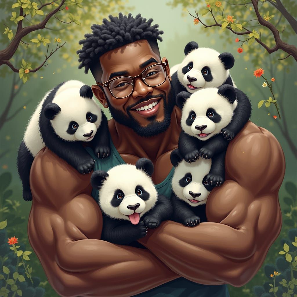 African American Gentleman Surrounded by Adorable Baby Panda...