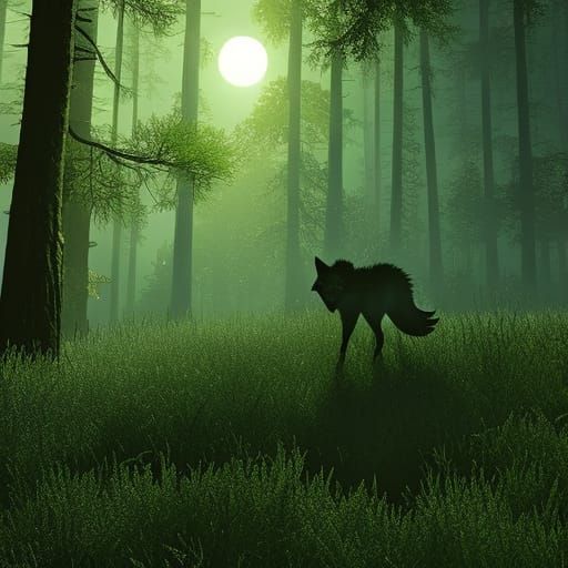 Glowing-Eyed Wolf in Dark Fantasy Landscape