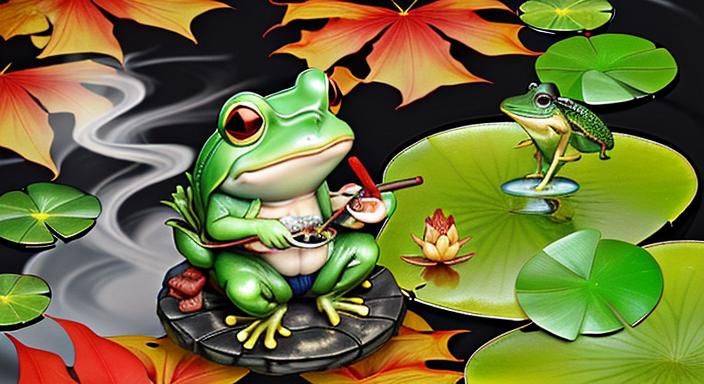 kappa yokai smoking pipe along side of frog on lily pad lilies blooming fall red maple trees primordial swamp