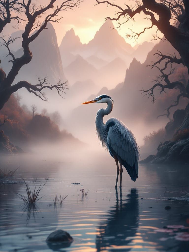 Heron in Misty Pond Dreamscape, Matte Painting