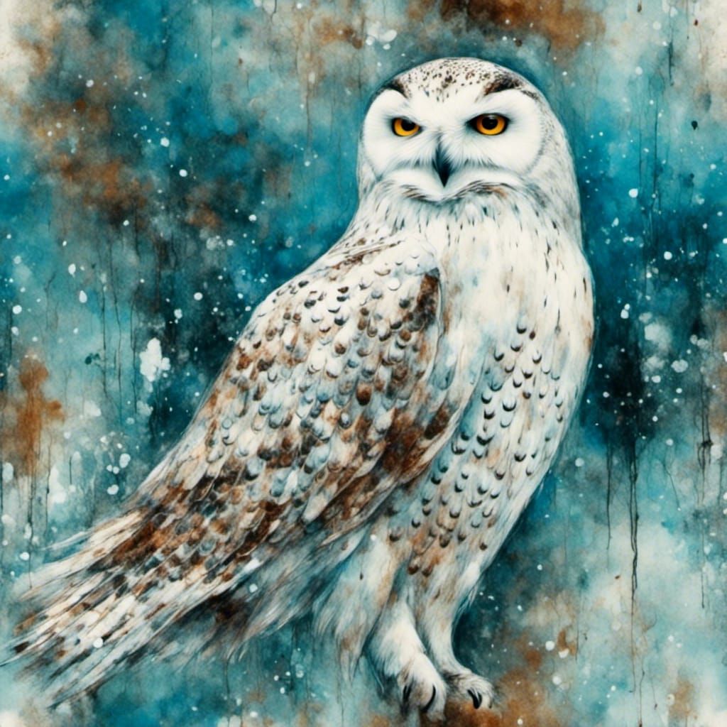 Snowy Owl Flying in Art Brut Style
