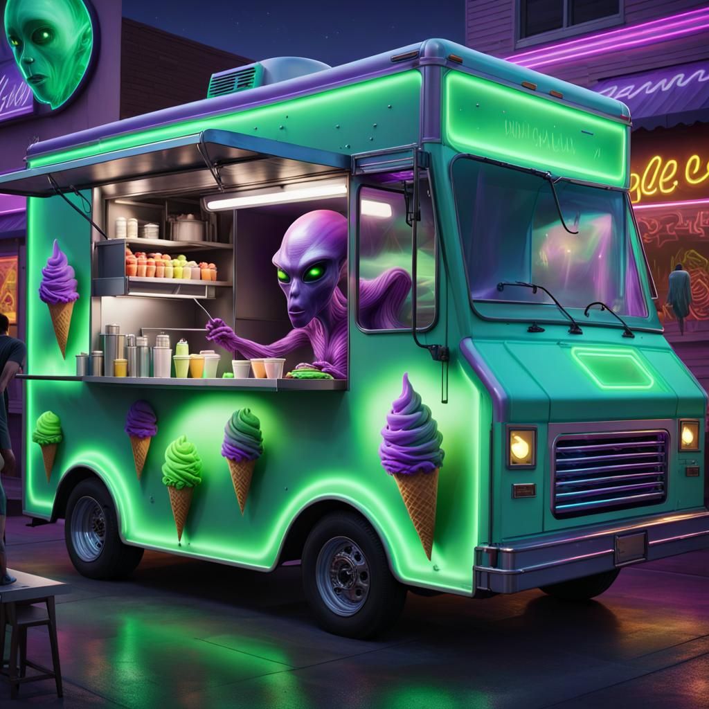 Hyperrealistic Alien Food Truck Serving Neon Ice Cream