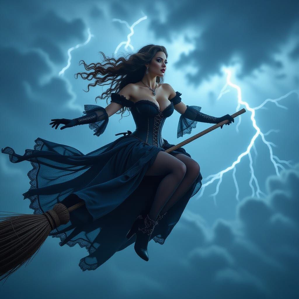 Enchantress Witch Flies Through Stormy Sky