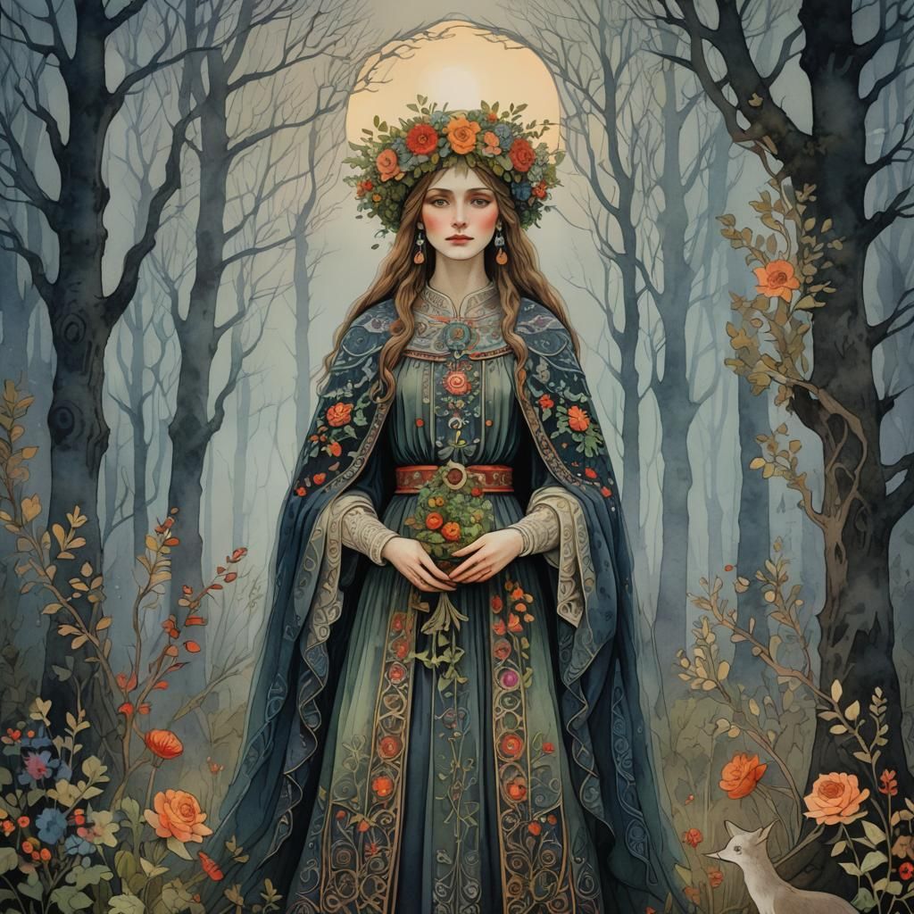 Slavic Witch in Misty Forest, Bilibin-Inspired Art