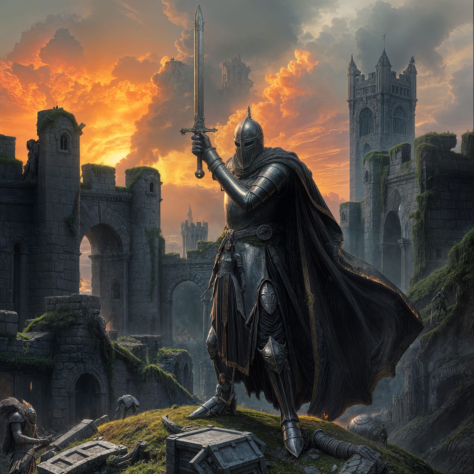 Knight Silhouetted Against Fiery Sunset in Brom Style