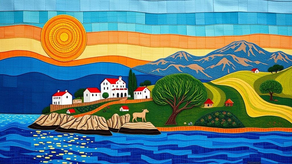 Mediterranean Landscape Tapestry in Colorful Patchwork Style
