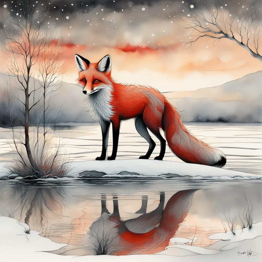 Fox Gazing at Sunrise: Whimsical Illustration